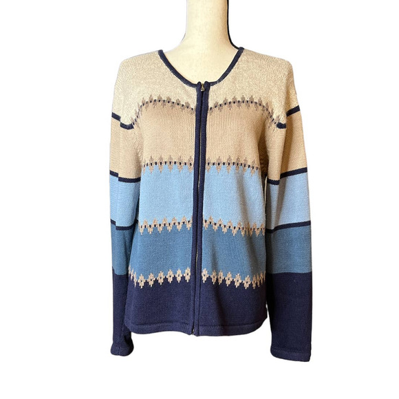 Jenny Buchanan Zip-up Sweater Cardigan in Color Block Tan Brown Blue Size Large - Picture 1 of 5